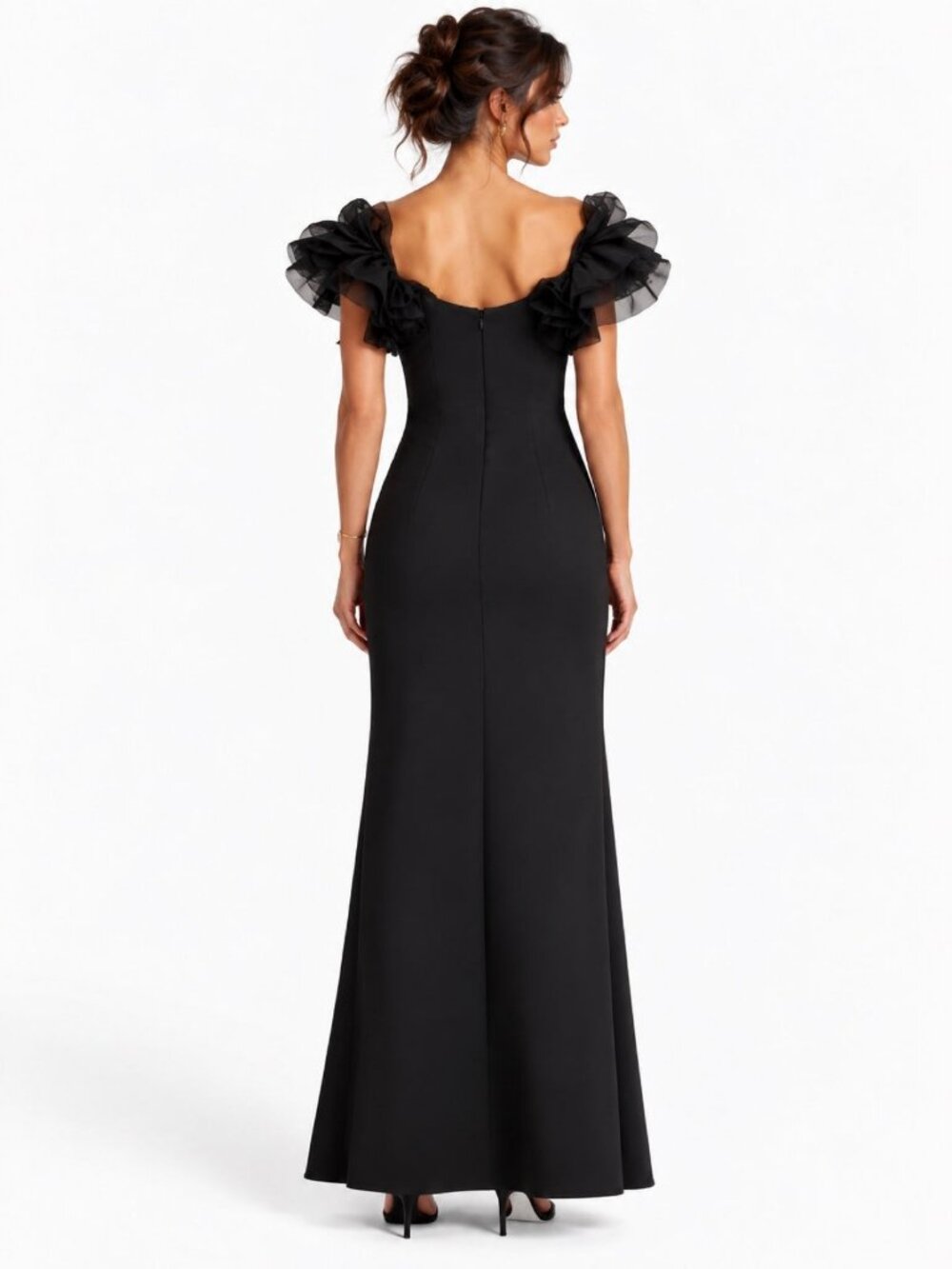 Badgley Mischka Off-Shoulder Ruffle Evening Gown Black — Size 4 - Picture 2 of 2